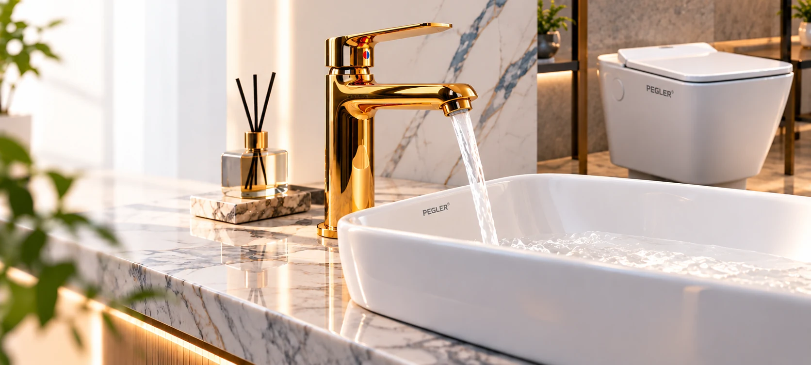 Pegler gold basin mixer and table-top basin on a marble vanity